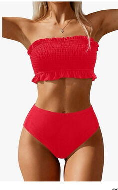Tempt Me Women Bandeau High Waisted Bikini Smocked Strapless Red Swimsuit Small